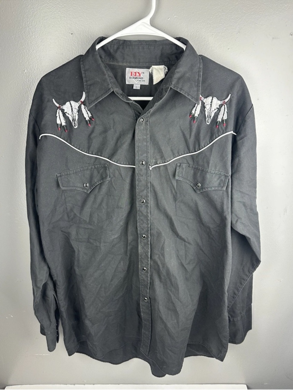 ELY DIAMOND Charcoal Western Button Shirt with Skull & Feather Embroidery